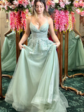 Spaghetti Straps Mint Green Long Prom Dress With Slit Appliqued Evening Dress sew1037|Selinadress