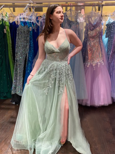 Spaghetti Straps Mint Green Long Prom Dress With Slit Appliqued Evening Dress sew1037|Selinadress