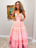 Spaghetti Straps Ombre Ball Gowns Ruffles Tulle Long Prom Dress sew1101|Selinadress