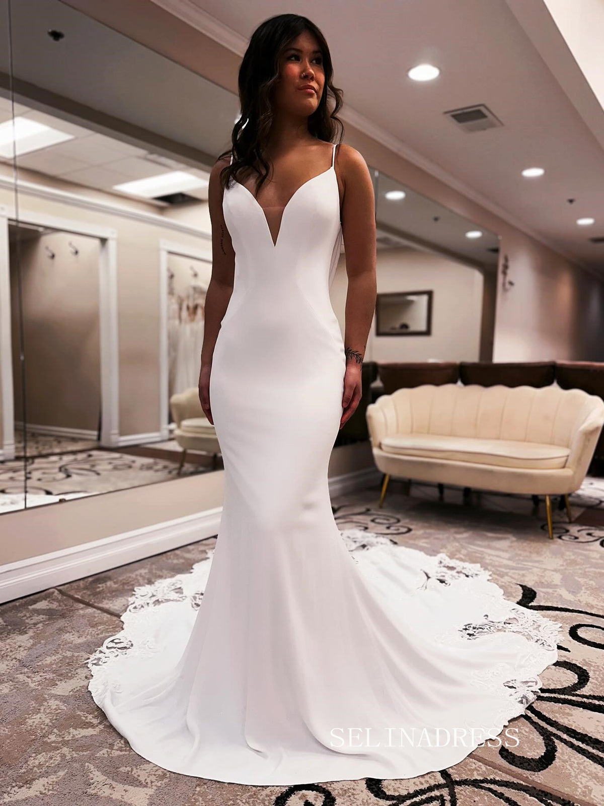 Spaghetti Straps White Satin Mermaid Wedding Dress With Lace Train EWR – SELINADRESS
