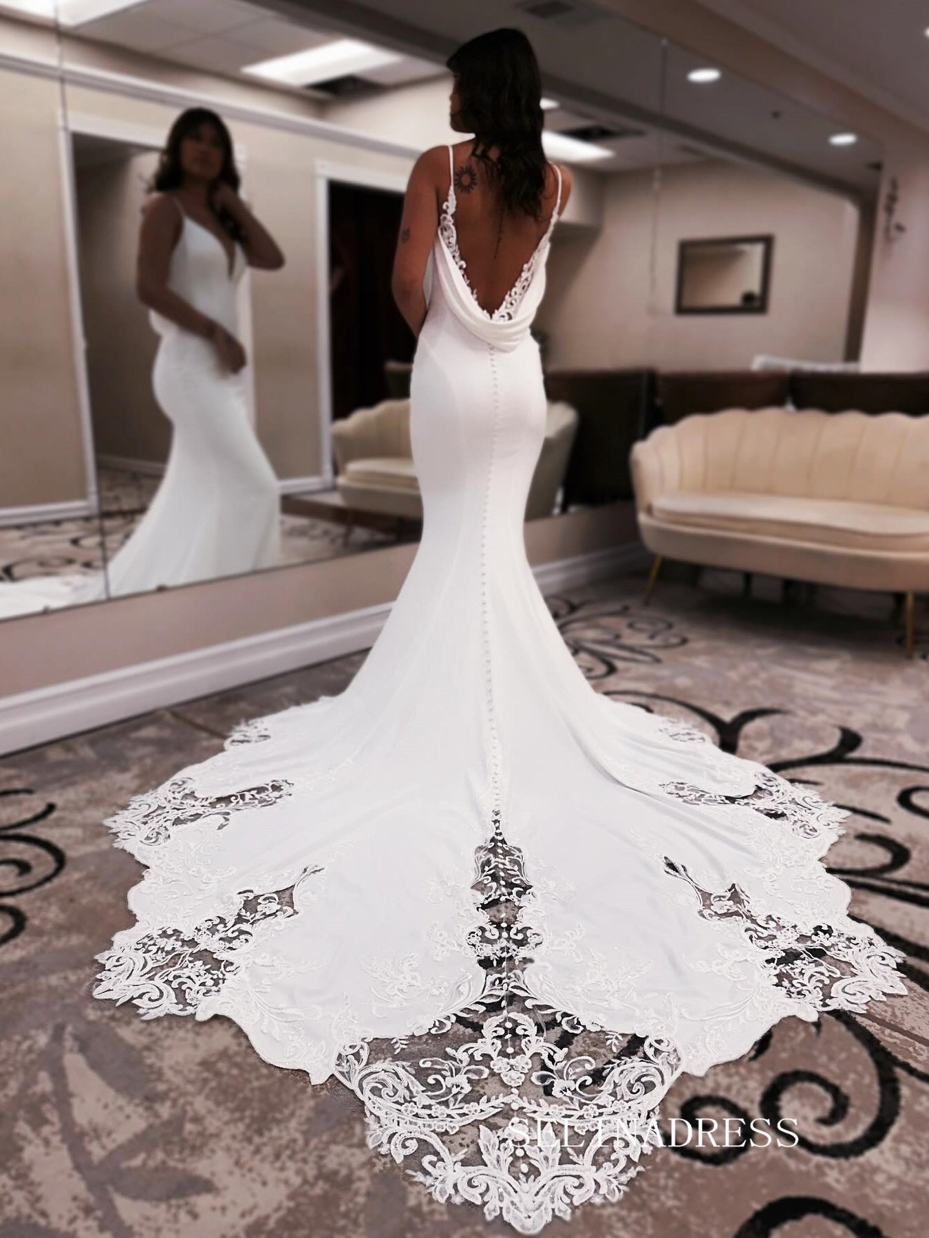 Spaghetti Straps White Satin Mermaid Wedding Dress With Lace Train EWR SELINADRESS Spaghetti Straps White Satin Mermaid Wedding Dress With Lace Train EWR SELINADRESS