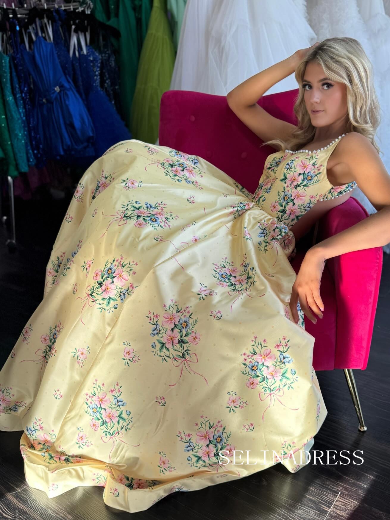 Yellow Square Neck Beautiful Floral Long Prom Dress with Pearl SEA001|Selinadress