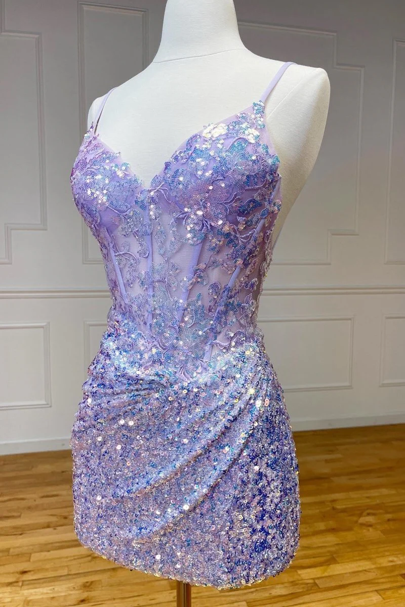 Sparkle Appliques Sequin Bodycon Lilac Homecoming Lace-up Dress #TKL52 SELINADRESS Sparkle Appliques Sequin Bodycon Lilac Homecoming Lace-up Dress #TKL52 SELINADRESS