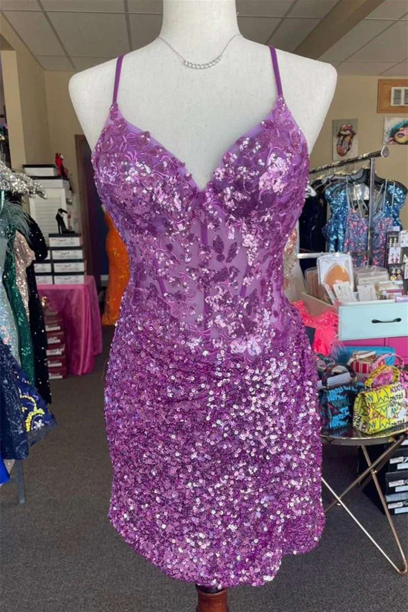 Sparkle Appliques Sequin Bodycon Lilac Homecoming Lace-up Dress #TKL52 SELINADRESS Sparkle Appliques Sequin Bodycon Lilac Homecoming Lace-up Dress #TKL52 SELINADRESS