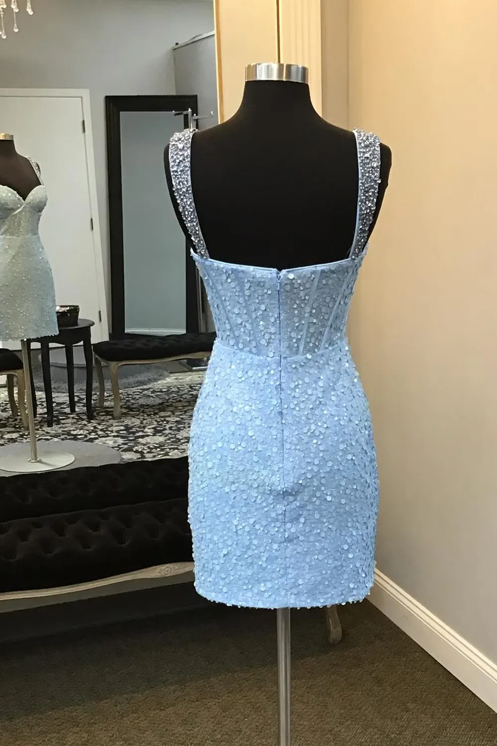 Sparkly Blue Spaghetti Straps Sequins Bodycon Short Corset Homecoming SELINADRESS Sparkly Blue Spaghetti Straps Sequins Bodycon Short Corset Homecoming SELINADRESS