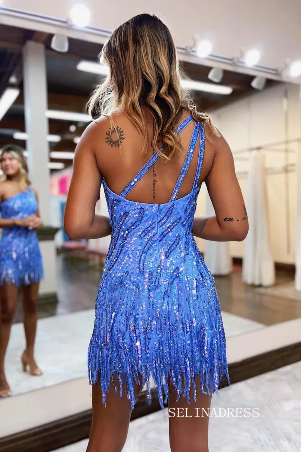 Sparkly Blue Tight One Shoulder Short Sequins Homecoming Dress with Ta SELINADRESS Sparkly Blue Tight One Shoulder Short Sequins Homecoming Dress with Ta SELINADRESS