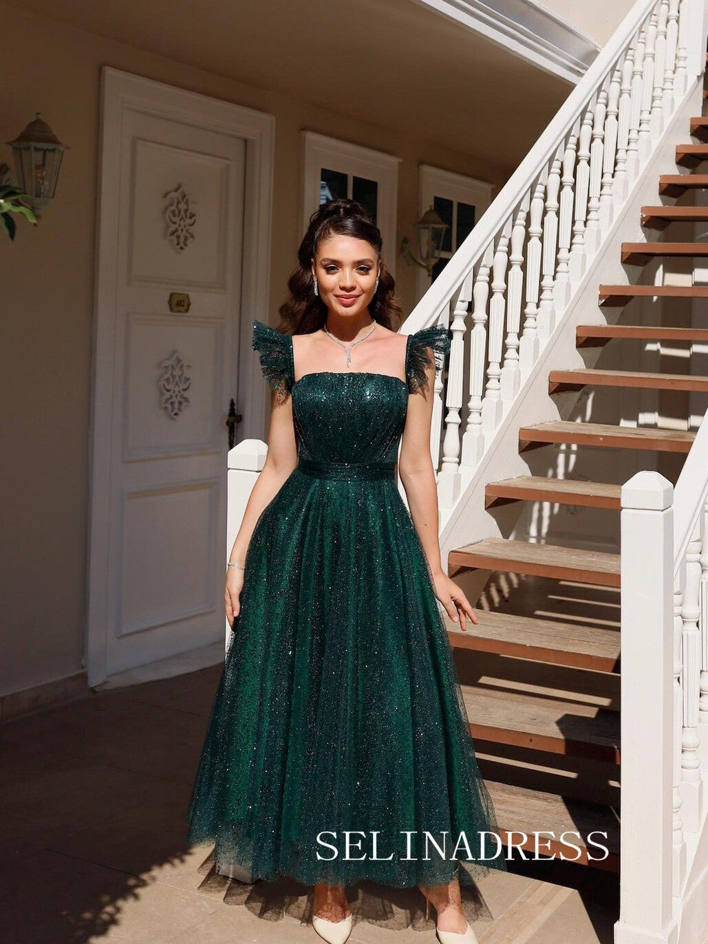Square Neck Ankle-length Prom Dresses Sparkly Tulle Cheap Formal Dress SELINADRESS Square Neck Ankle-length Prom Dresses Sparkly Tulle Cheap Formal Dress SELINADRESS
