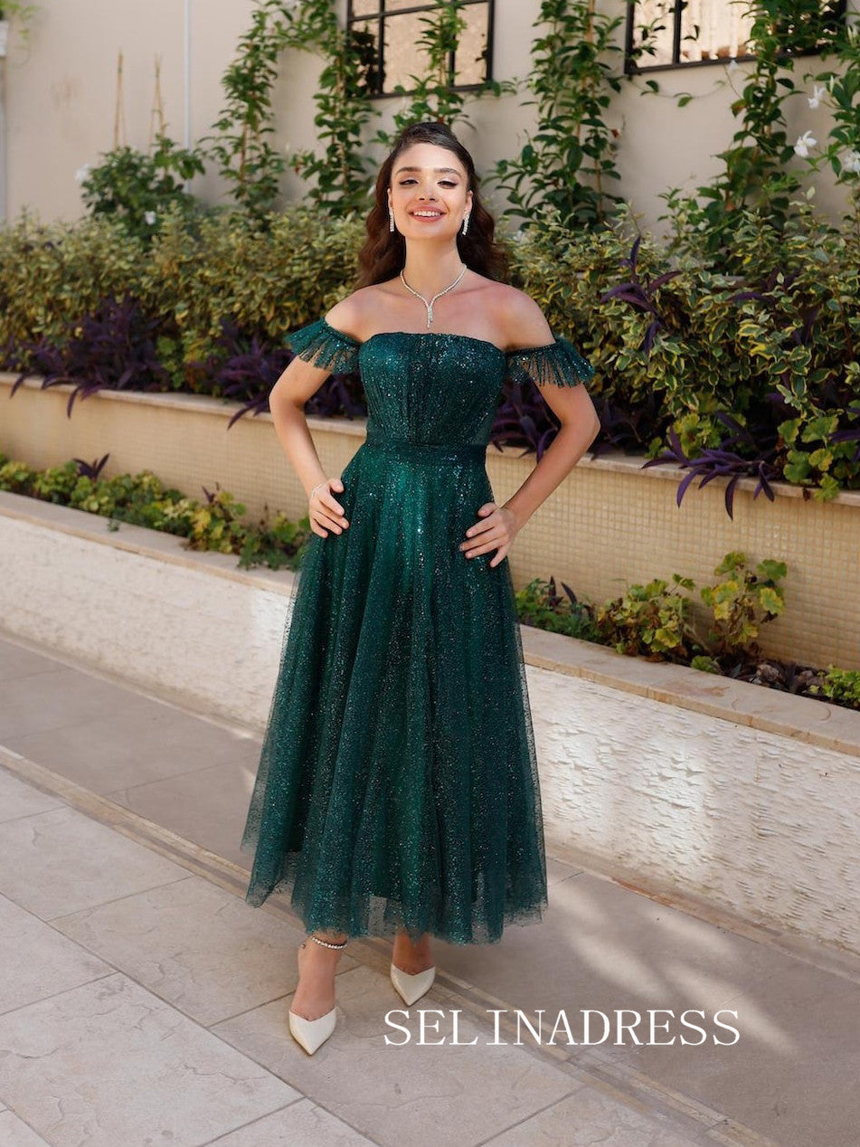 Square Neck Ankle-length Prom Dresses Sparkly Tulle Cheap Formal Dress SELINADRESS Square Neck Ankle-length Prom Dresses Sparkly Tulle Cheap Formal Dress SELINADRESS