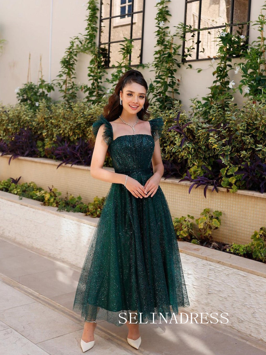 Square Neck Ankle-length Prom Dresses Sparkly Tulle Cheap Formal Dress SELINADRESS Square Neck Ankle-length Prom Dresses Sparkly Tulle Cheap Formal Dress SELINADRESS