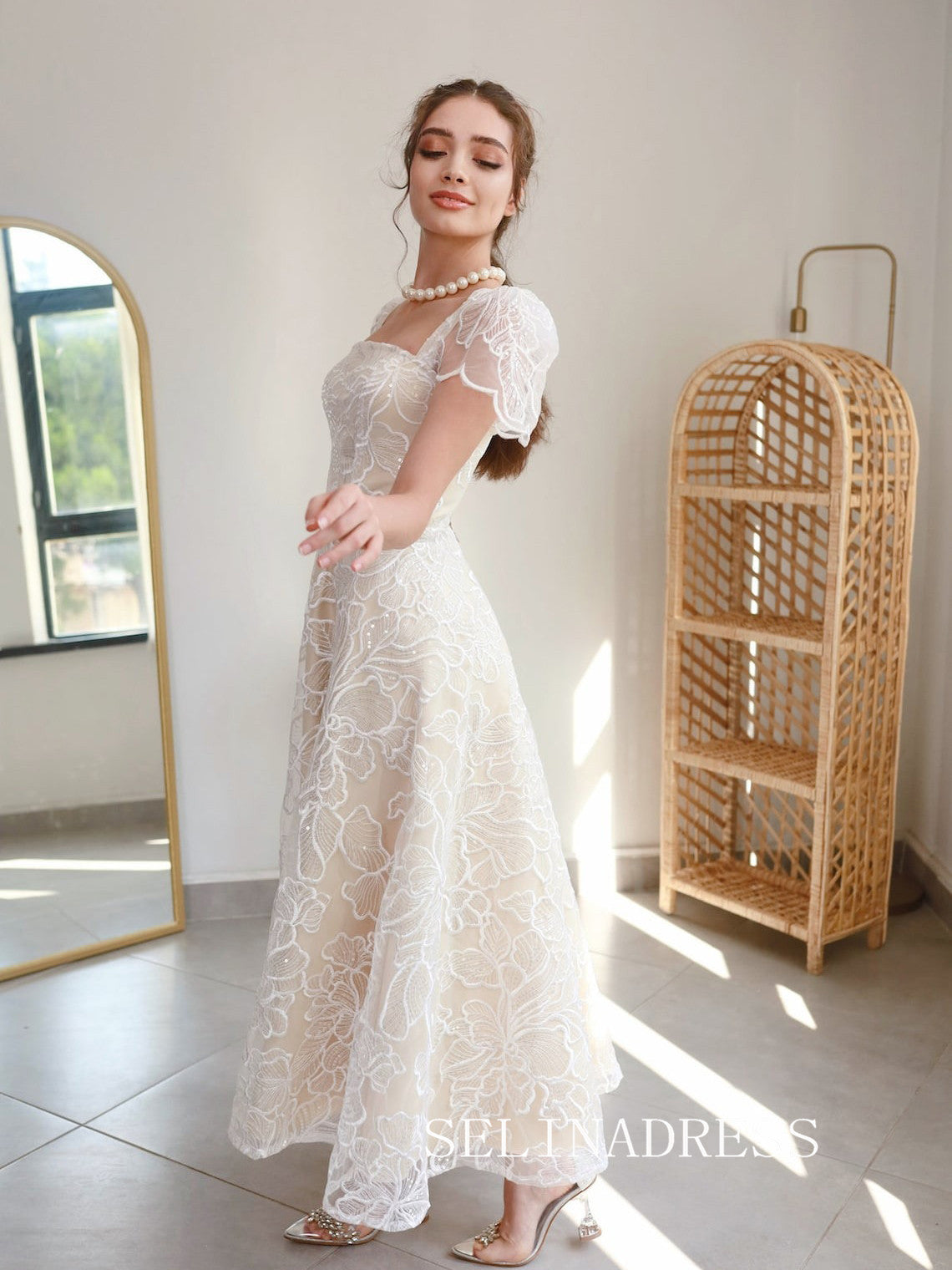 Square Neck Ankle-length Prom Dresses With Short Sleeve Cheap Formal Dresses SKO007 Square Neck Ankle-length Prom Dresses With Short Sleeve Cheap Formal Dresses SKO007