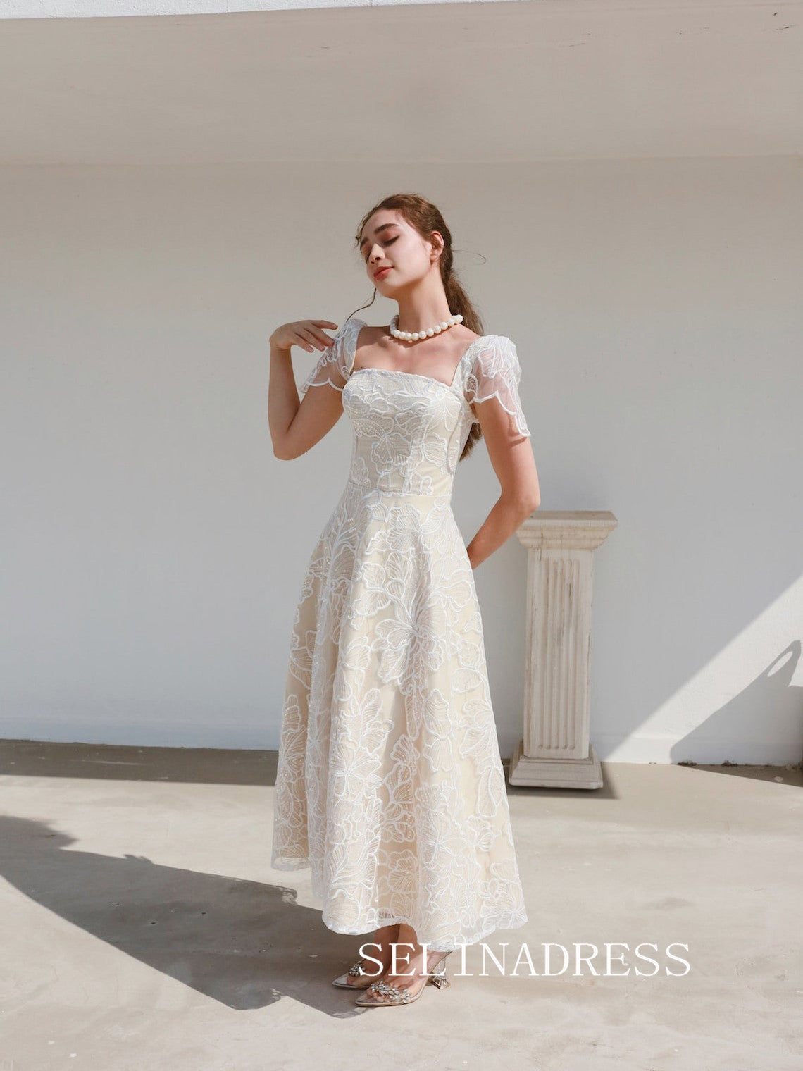 Square Neck Ankle-length Prom Dresses With Short Sleeve Cheap Formal D SELINADRESS Square Neck Ankle-length Prom Dresses With Short Sleeve Cheap Formal D SELINADRESS