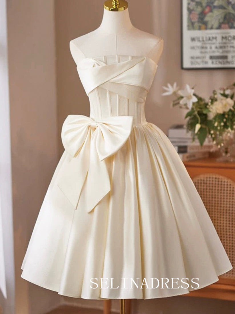 Stapless Beige Cocktail Dress With Bow Cute Homecoming Dresses #ABC006|Selinadress