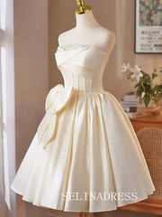 Stapless Beige Cocktail Dress With Bow Cute Homecoming Dresses #ABC006|Selinadress