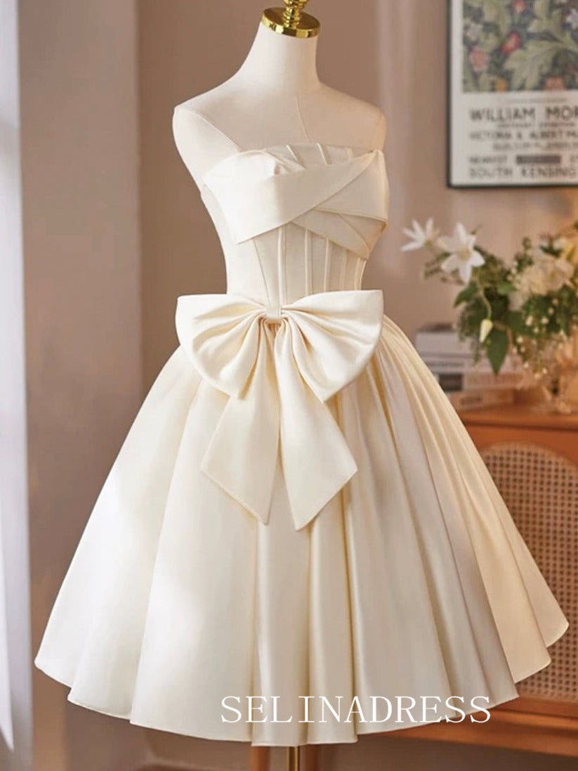 Stapless Beige Cocktail Dress With Bow Cute Homecoming Dresses #ABC006|Selinadress