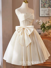 Stapless Beige Cocktail Dress With Bow Cute Homecoming Dresses #ABC006|Selinadress