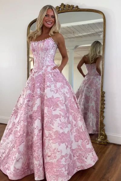 Strapless A line 3D Floral Long Prom Dress Formal Dresses SEA052|Selinadress