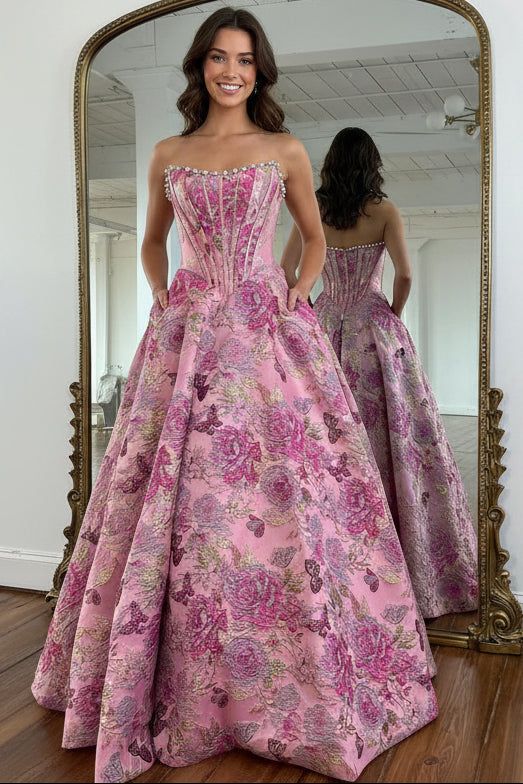 Strapless A line 3D Floral Long Prom Dress Formal Dresses SEA052|Selinadress