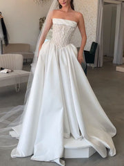 Strapless A-line Satin Wedding Dresses Beaded Rustic Bridal Gowns CBA030|Selinadress