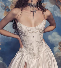 Strapless A-line Satin Wedding Dresses Lace Rustic Bridal Gowns CBA031|Selinadress