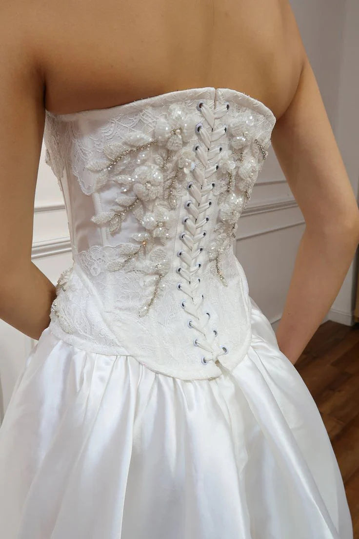 Strapless A-line Satin Wedding Dresses Lace Rustic Bridal Gowns CBA031|Selinadress