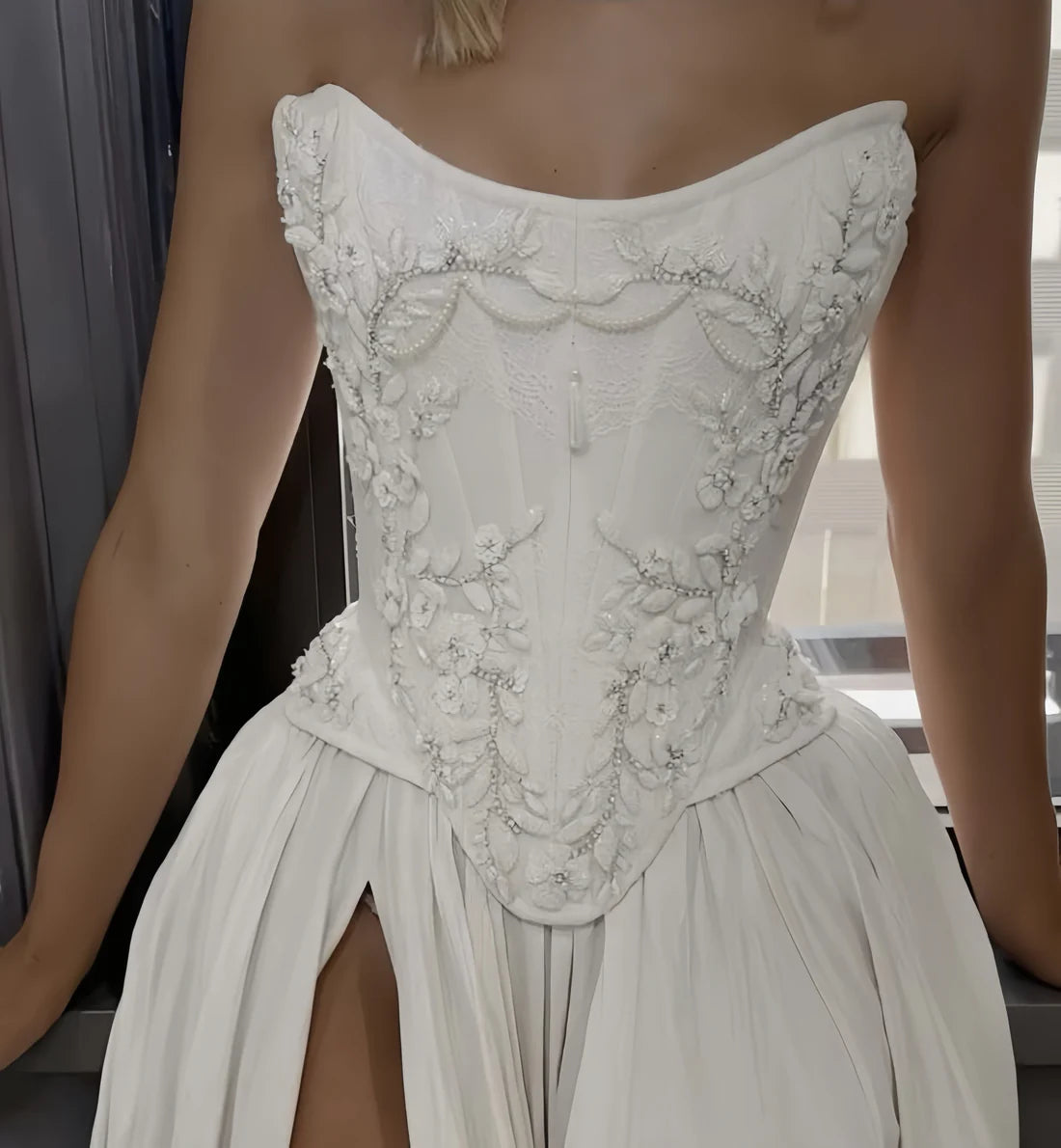 Strapless A-line Satin Wedding Dresses Lace Rustic Bridal Gowns CBA031|Selinadress