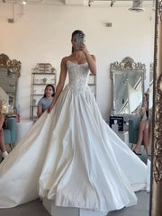 Strapless A-line Satin Wedding Dresses Lace Rustic Bridal Gowns CBA031|Selinadress