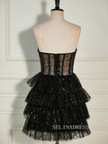 Strapless Black Sequins Multi-Layers Short Homecoming Dress SEA005|Selinadress