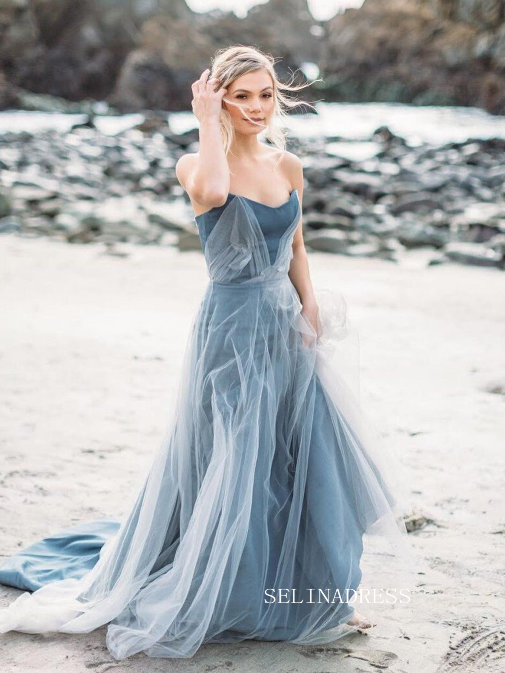 Strapless Blue Tulle Gown Wedding Dress with Flowing Train COK107|Selinadress