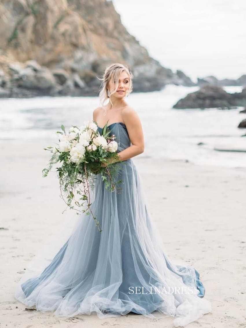 Strapless Blue Tulle Gown Wedding Dress with Flowing Train COK107|Selinadress