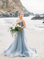 Strapless Blue Tulle Gown Wedding Dress with Flowing Train COK107|Selinadress