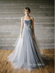Strapless Blue Tulle Gown Wedding Dress with Flowing Train COK107|Selinadress