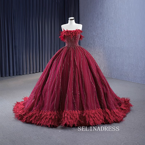 Strapless Burgundy Ball Gown Wedding Dress With Feather Beaded Quinceanera Dress 222232|Selinadress
