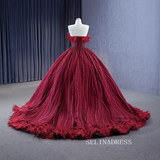 Strapless Burgundy Ball Gown Wedding Dress With Feather Beaded Quinceanera Dress 222232|Selinadress