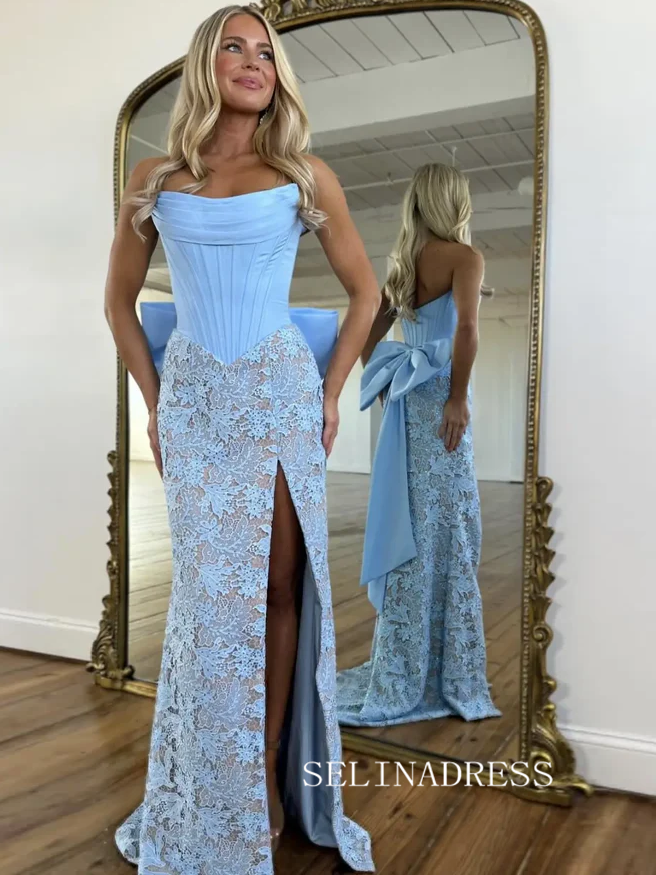 Strapless Corset Bodice Prom Dress With Oversized Bow Back & High Slit SEA207|Selinadress