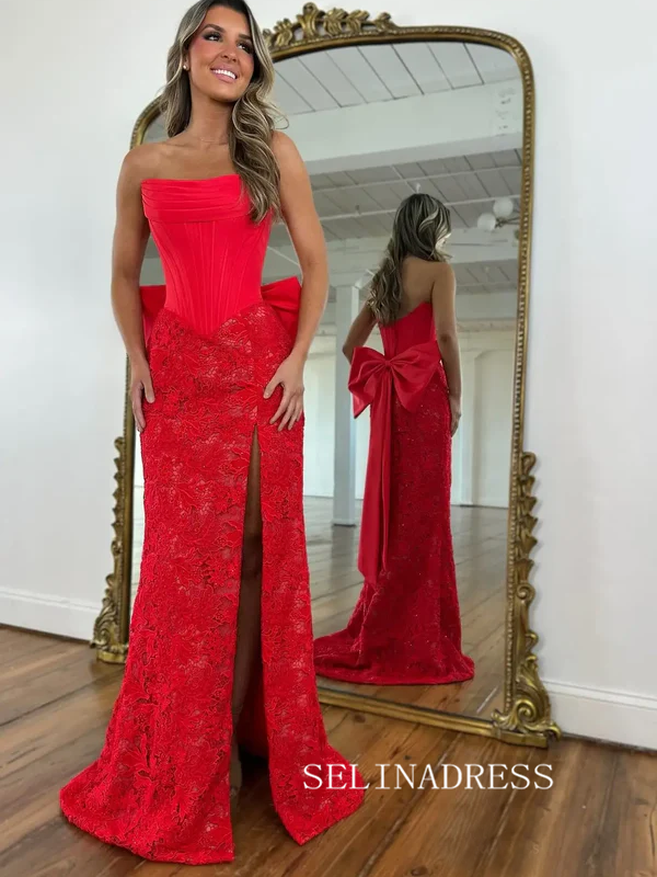 Strapless Corset Bodice Prom Dress With Oversized Bow Back & High Slit SEA207|Selinadress