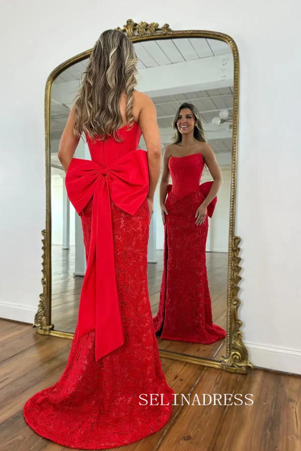 Strapless Corset Bodice Prom Dress With Oversized Bow Back & High Slit SEA207|Selinadress