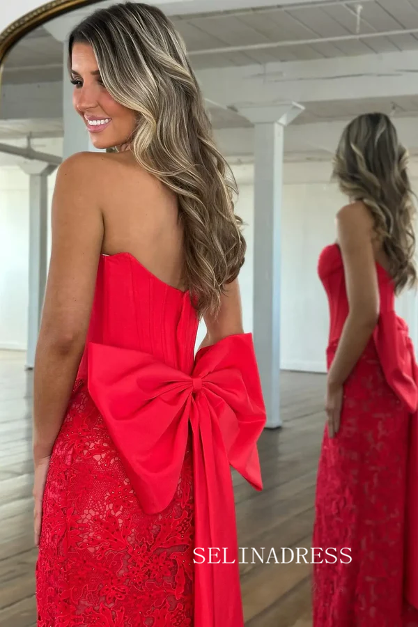 Strapless Corset Bodice Prom Dress With Oversized Bow Back & High Slit SEA207|Selinadress