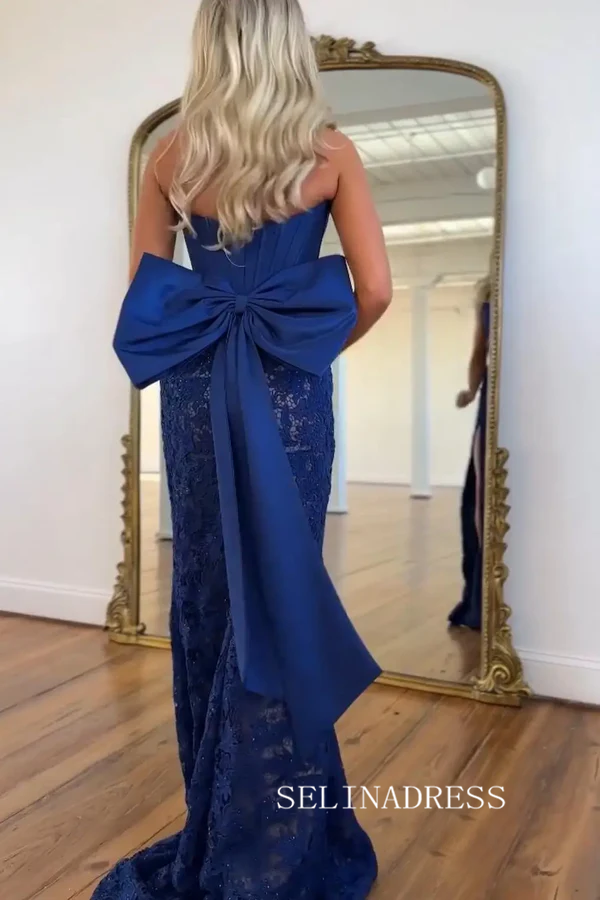 Strapless Corset Bodice Prom Dress With Oversized Bow Back & High Slit SEA207|Selinadress