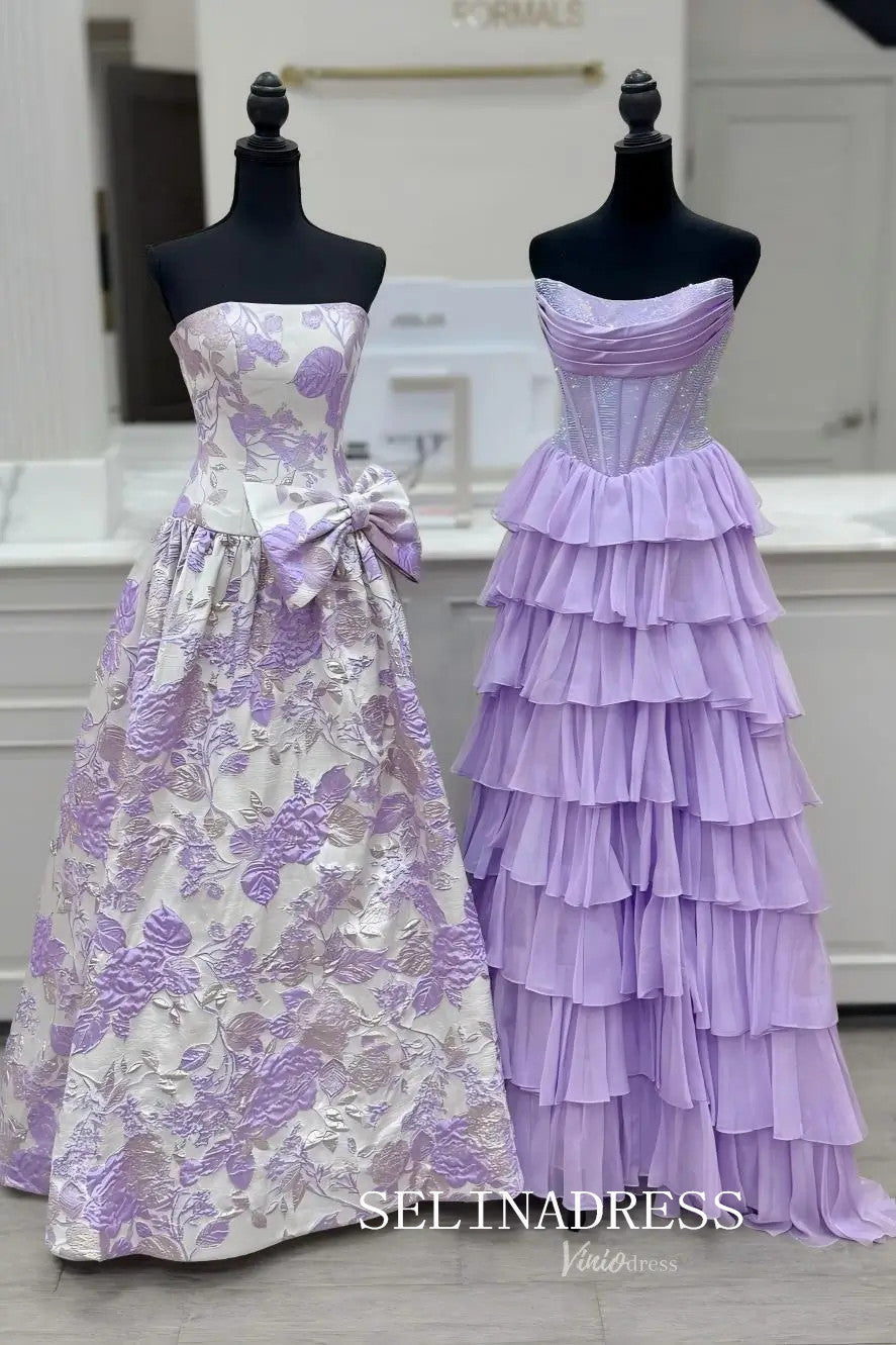 Strapless Floral Jacquard Ball Gown Prom Dress with Oversized Side Bow SEA062|Selinadress