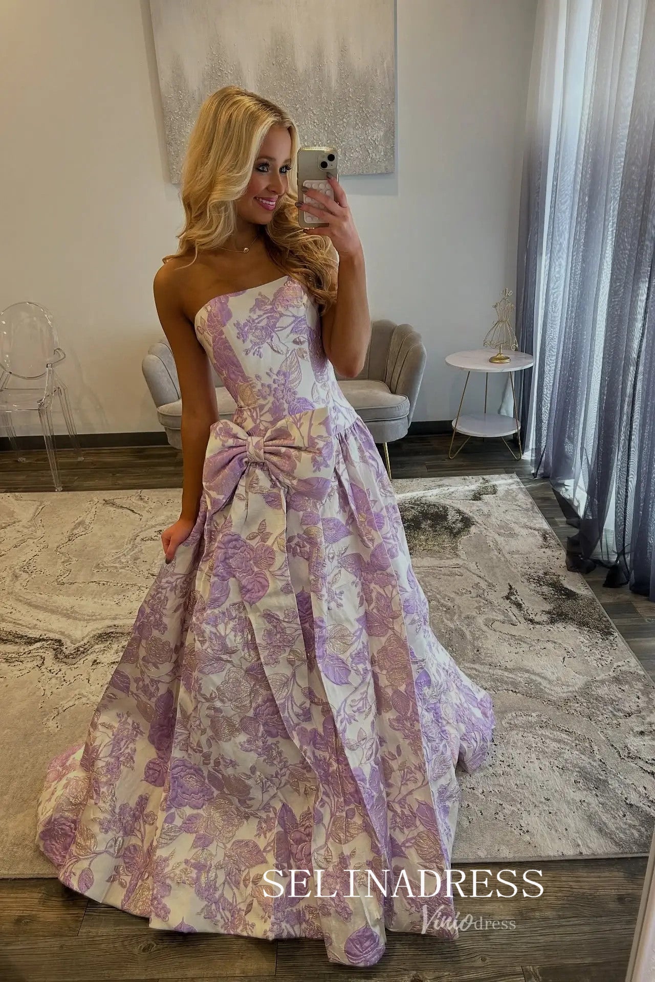 Strapless Floral Jacquard Ball Gown Prom Dress with Oversized Side Bow SEA062|Selinadress