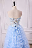 Strapless Floral  Light Blue Layers A-line Long Prom Dress with Slit lps027|Selinadress