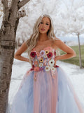 Strapless Floral Wedding Dress Blue & Pink Bicolor Tulle Wedding Gown Layered Bridal Dress KTS001|Selinadress
