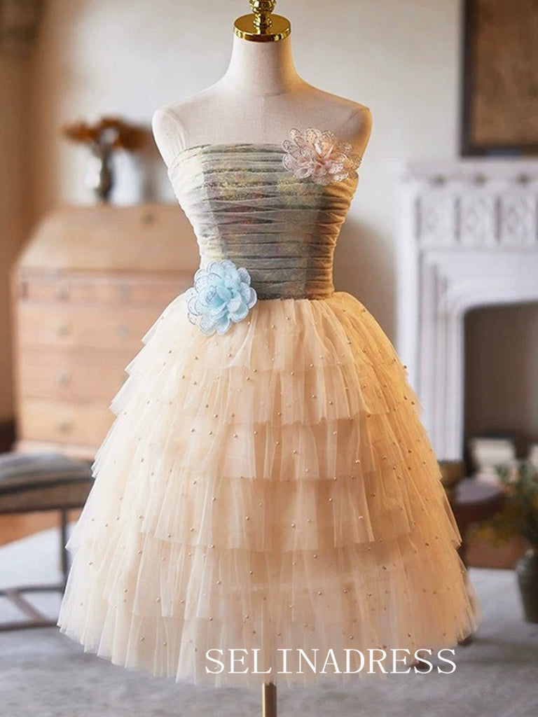 Strapless Muti Layered Cocktail Dress Pearl Cute Homecoming Dresses With Floral #ABC001 Strapless Muti Layered Cocktail Dress Pearl Cute Homecoming Dresses With Floral #ABC001