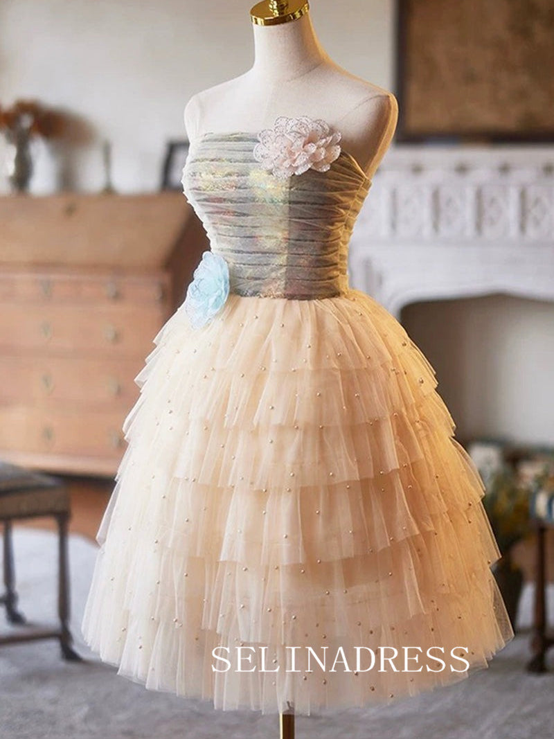 Strapless Muti Layered Cocktail Dress Pearl Cute Homecoming Dresses With Floral #ABC001|Selinadress