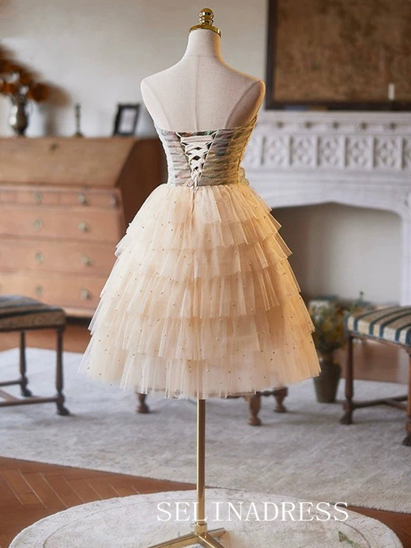 Strapless Muti Layered Cocktail Dress Pearl Cute Homecoming Dresses With Floral #ABC001|Selinadress