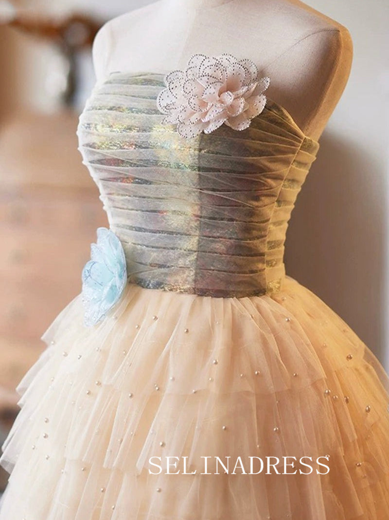 Strapless Muti Layered Cocktail Dress Pearl Cute Homecoming Dresses With Floral #ABC001 Strapless Muti Layered Cocktail Dress Pearl Cute Homecoming Dresses With Floral #ABC001