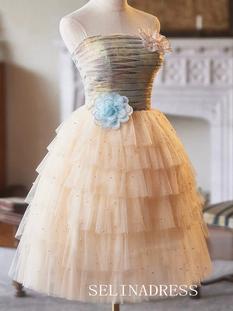 Strapless Muti Layered Cocktail Dress Pearl Cute Homecoming Dresses With Floral #ABC001|Selinadress
