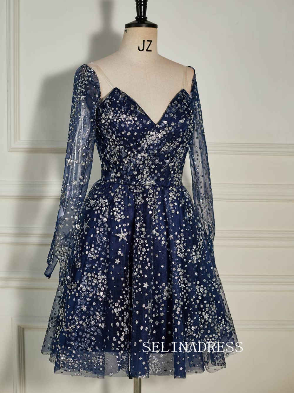 Strapless Navy Blue Sequin Homecoming Dress with Long Gloves SEA008 SELINADRESS Strapless Navy Blue Sequin Homecoming Dress with Long Gloves SEA008 SELINADRESS