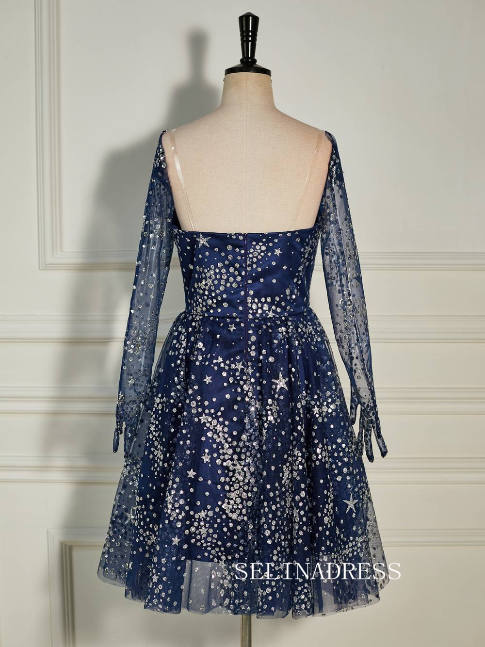Strapless Navy Blue Sequin Homecoming Dress with Long Gloves SEA008 SELINADRESS Strapless Navy Blue Sequin Homecoming Dress with Long Gloves SEA008 SELINADRESS