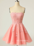 Strapless Pink Lace Appliues A-Line Short Party Dress SEA015|Selinadress